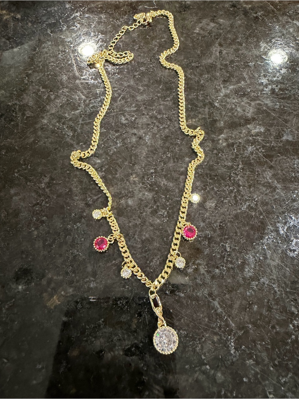 Gold Necklace with Pink and Clear Crystal Charms
